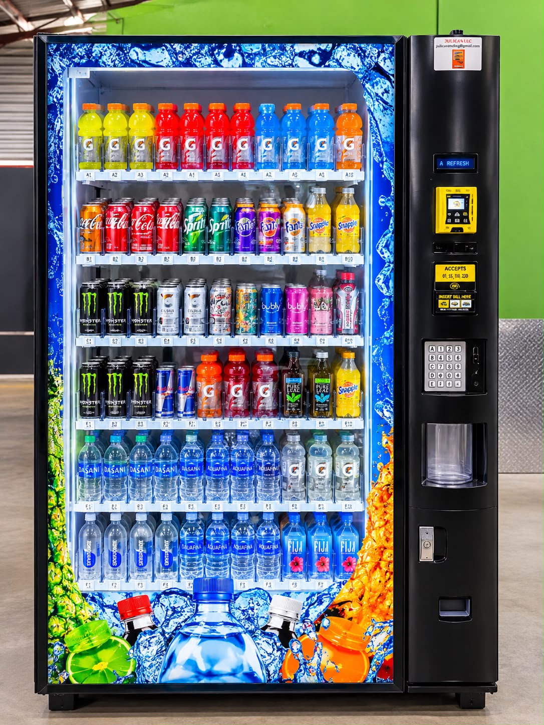 Cold drink vending machine with Gatorade, Coca-Cola and Monster Energy